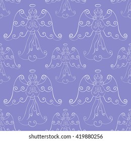 Abstract vector seamless pattern. Hand-drawn floral angel with heart in hands. White objects on lavender background. For backdrop, fabric, wallpaper, wrapping, wedding, valentine day design. Eps 8.