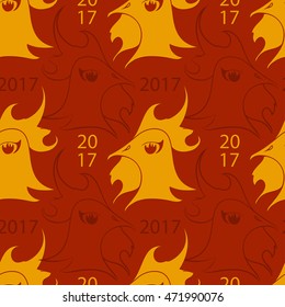 Abstract vector seamless pattern. Hand-drawn Chinese symbol of 2017 New Year - Fire Rooster silhouette. For backdrop, background, fabric, wallpaper, wrapping, oriental winter holiday design. Eps 8.