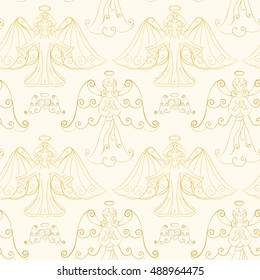 Abstract vector seamless pattern. Hand-drawn gold angels and hearts with wings and nimbus. For backdrop, background, fabric, wallpaper, wrapping, wedding, valentine day design. Eps 8.
