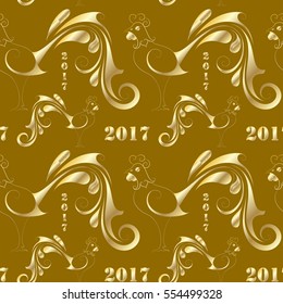 Abstract vector seamless pattern. Hand-drawn Chinese symbol of 2017 New Year - Golden Fire Rooster on gold background. For backdrop, fabric, wallpaper, wrapping, oriental winter holiday design. Eps 8.