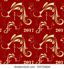 Abstract vector seamless pattern. Hand-drawn Chinese symbol of 2017 New Year - Golden Fire Rooster on red background. For backdrop, fabric, wallpaper, wrapping, oriental winter holiday design. Eps 8.