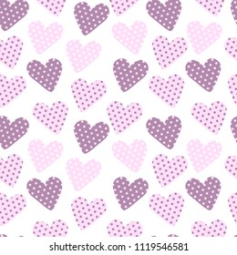 Abstract vector seamless pattern with hearts, polka dot. Can be used for print on clothes. Creative girlish background with hearts in pastel colors isolated in white backdrop.