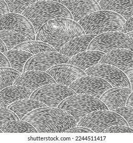 Abstract vector seamless pattern with hilly landscape and sun. Black and white background with wavy dashed lines. A simple print like an engraving impression
