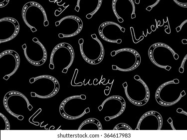 Abstract vector seamless pattern with horse shoes and words "Lucky". Decorative endless texture. St. Patrick's day background