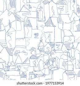 Abstract Vector seamless pattern with houses, modern seamless house drawing blue and white.