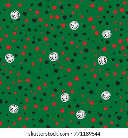 Abstract vector seamless pattern with icons of playing cards and dice on green background. Repeating geometric endless texture can be used for gift wrapping paper, print on fabric.