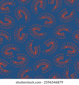 Abstract vector seamless pattern illustration. Red circular curved brushstrokes with dots on deep blue background. Modern textured repeat tile design with spiral shapes. Bold painted minimal design