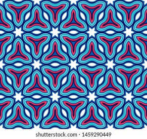 Abstract vector seamless pattern. Kaleidoscope of lines and shapes. Hexagonal pattern structure.