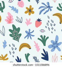 Abstract vector seamless pattern for kids. Cute hand-drawn print with fruits and plants. Trendy repeated background.