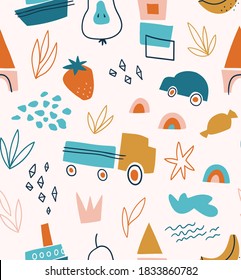 Abstract vector seamless pattern for kids. Cute hand-drawn print design  with fruit and boyish toys. Repeated background.