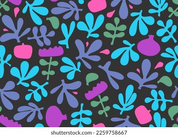 Abstract vector seamless pattern of leaves and pomegranates. Fabric flower leaf textile fashion print in Matisse style. Ethnic trend background. Tropical jungle floral texture.