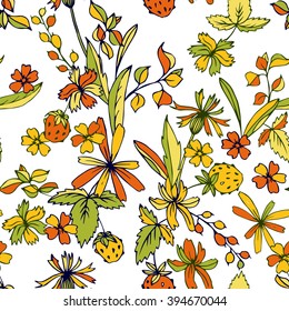 abstract vector seamless pattern with leaves and plants, hand drawn floral background