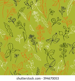 abstract vector seamless pattern with leaves and plants, hand drawn floral background