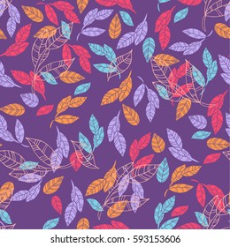 Abstract vector seamless pattern of leaves on purple background. For textile, cloth design, book and diary covers, wallpapers, print, gift packaging and scrapbook