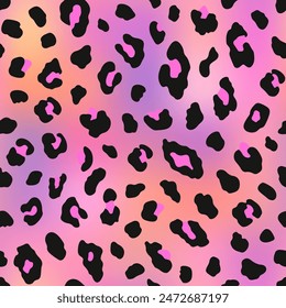 Abstract vector seamless pattern of leopard fur. Jaguar, cheetah, panther skin print. Spotted pattern with black border and pink center on a bright gradient background. Good for fashion print designs.