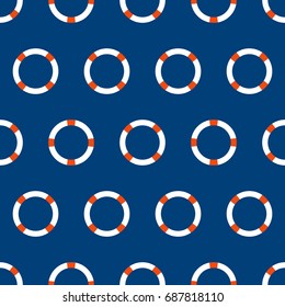Abstract vector seamless pattern with lifebuoy on blue background. Color image. Pattern with life-saving equipment. Safe summer on vacation at sea, ocean, river. Rescuers. Safe vacation on the beach.