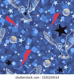 Abstract vector seamless pattern with lightning bolts, crystal balls, barn owl, stars and squares on a blue background