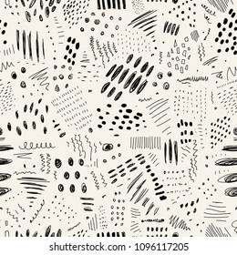 Abstract vector seamless pattern with lines, spots and dots. 