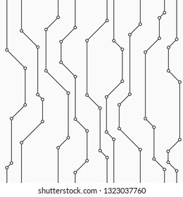 Abstract vector seamless pattern with lines. Small filled circles in nodes. Background in high tech style. Connections. Technology. Joint lines. Monochrome colors.