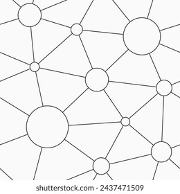 Abstract vector seamless pattern. Lines and circles. Abstract geometric lattice, molecules. Composition of molecular lattice. Abstract grid with circles in nodes. Black and white seamless background.