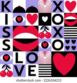 Abstract vector seamless pattern with love geometric symbols: hearts, lips, eyes, etc. Vintage romantic design background in Bauhaus style.