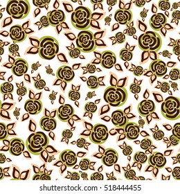 Abstract vector seamless pattern. Lovely green and brown colored flowers, autumn theme. Design for textile, texture, wallpaper, background, paper print, backdrop, ornament, fashion arts 