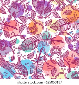 Abstract vector seamless pattern. Lovely art of hand drawn feathers, clock, bird, branch and leaves on ink watercolor drops. Perfect for cotton, textile, texture and more 