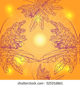 Abstract vector seamless pattern with low poly butterfly outlines, mandala and light sparkles shining brightly. Warm sunny yellow colors with violet lines.