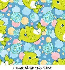 Abstract vector seamless pattern. Magic green dolphin on colored background. Dolphin, seashell, water bubbles elements. Cartoon kids design, perfect for background, fabric, textile, wallpaper, paper