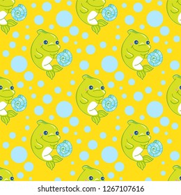 Abstract vector seamless pattern. Magic green dolphin on colored background. Dolphin, seashell, water bubbles elements. Cartoon kids design, perfect for background, fabric, textile, wallpaper, paper