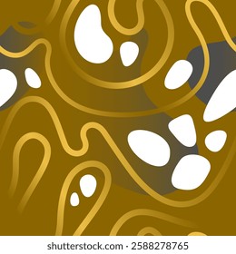 Abstract vector seamless pattern. Many flowing shapes, lines. Big wavy stripes, curved forms. Golden freeform print.Modern background element for banner design, cover, poster, ad layout. White spots