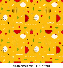 Abstract vector seamless pattern in memphis style. Bright background with fruits and geometric shapes.