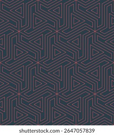 Abstract vector seamless pattern with mod red thin linear geometry on dark backdrop. Complex futuristic design inspired by technology and modern visual structures. Perfect for digital tech backgrounds