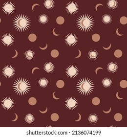 Abstract vector seamless pattern with modern minimalist design. Brown moon and light sun on a terracotta backdrop