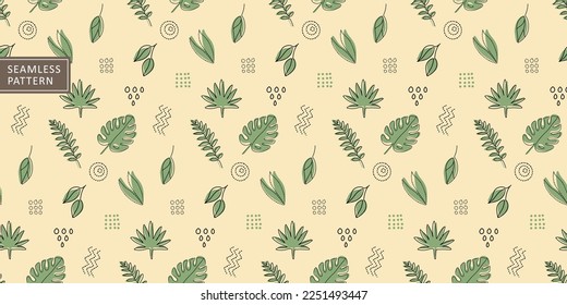 Abstract vector seamless pattern with monstera leaves, palm leaves and green branches on a beige background for textiles, covers, designs