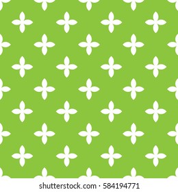 Abstract vector seamless pattern mosaic of white four leaf blooms in diagonal arrangement on green background. Simple flat natural design wallpaper.
