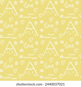Abstract vector seamless pattern with mountain, lettering, star. Cute doodle print for kids. For print, web, home decor, fashion, surface, graphic design. Vector illustration