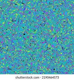 Abstract vector seamless pattern of multicolored dots, abstract flowers, spirals in bright neon colors.