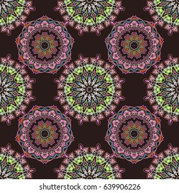 Abstract vector seamless pattern with multicolored ornaments on a brown backdrop. Vintage design with multicolor ornaments.