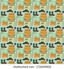 Abstract vector seamless pattern on a rural theme, from items: a shovel, a scythe, a large barrel, a wooden fence, boots, galoshes and turnips.