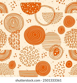 Abstract vector seamless pattern. Orange elements on a light beige background. Dots, circles, hand-drawn semicircles, spots, curves, lines, concentric circles, dotted lines, doodling.