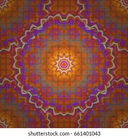 Abstract vector seamless pattern with orange and green ornaments. Vintage design with motley ornaments.