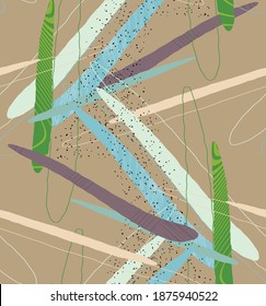 Abstract vector seamless pattern. Organic grunge textured overlapping wavy shapes and lines. Scribbled hand drawn pastel colored background. Striped dotted leaf forms. Flat textile swatch. 