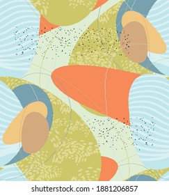 Patrón abstracto del vector sin fisuras. Grunge orgánico texturado que se solapa con formas y líneas onduladas. Fondo de color pastel dibujado a mano con grillos. Formas de hojas punteadas a rayas. Vegetación textil plana. 