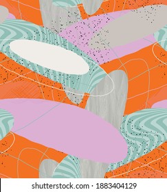 Abstract vector seamless pattern. Organic grunge textured overlapping wavy shapes and lines. Scribbled hand drawn pastel colored background. Striped dotted leaf forms. Flat textile swatch. 
