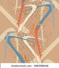 Abstract vector seamless pattern. Organic grunge textured overlapping wavy shapes and lines. Scribbled hand drawn pastel colored background. Striped dotted leaf forms. Flat textile swatch. 