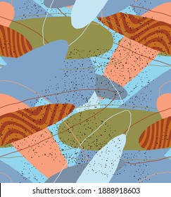 Abstract vector seamless pattern. Organic grunge textured overlapping wavy shapes and lines. Scribbled hand drawn pastel colored background. Striped dotted leaf forms. Flat textile swatch. 