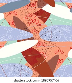 Abstract vector seamless pattern. Organic grunge textured overlapping wavy shapes and lines. Scribbled hand drawn pastel colored background. Striped dotted leaf forms. Flat textile swatch. 