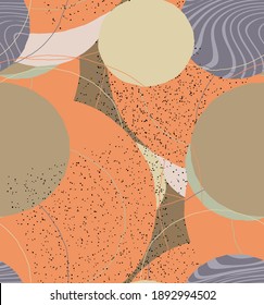 Abstract vector seamless pattern. Organic grunge textured overlapping wavy shapes and lines. Scribbled hand drawn pastel colored background. Striped dotted leaf forms. Flat textile swatch. 