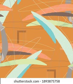 Abstract vector seamless pattern. Organic grunge textured overlapping wavy shapes and lines. Scribbled hand drawn pastel colored background. Striped dotted leaf forms. Flat textile swatch. 